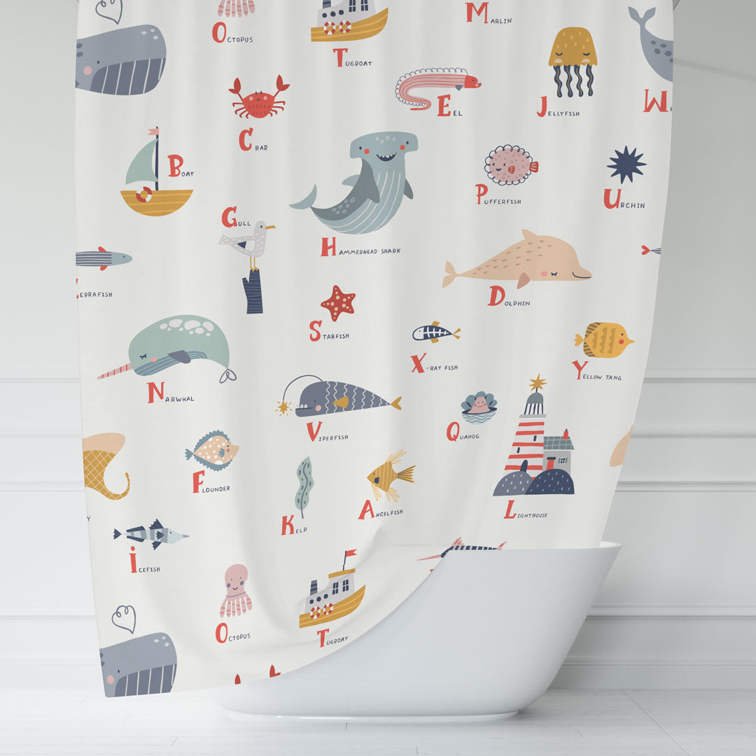 Kids Shower Curtain Alphabet Ocean Fish, Gender Neutral, Kids Bathroom Decor, Kids Bathroom Accessories, Made in the USA
