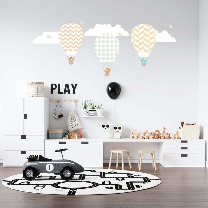 Colorful Hot Air Balloons And Birds On Soft Blue Cloud Background Stock