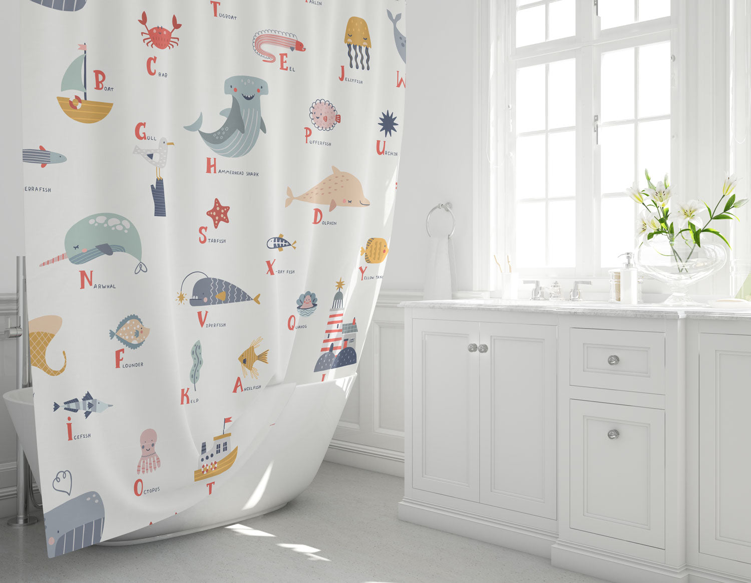 fish bathroom accessories Kids Shower Curtain Alphabet Ocean Fish, Gender Neutral, Kids Bathroom Decor, Kids Bathroom Accessories, Made in the USA